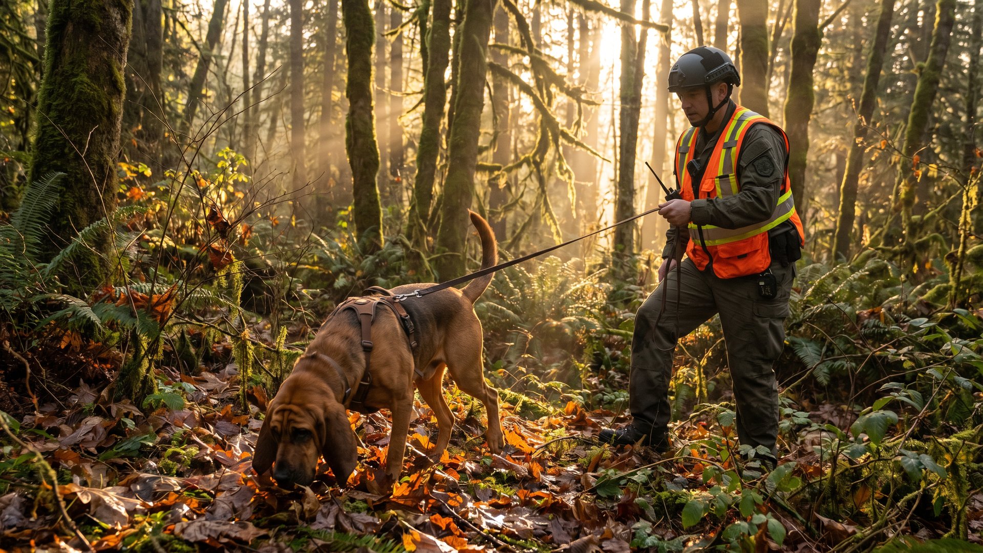 Cão de busca e resgate em ação na floresta